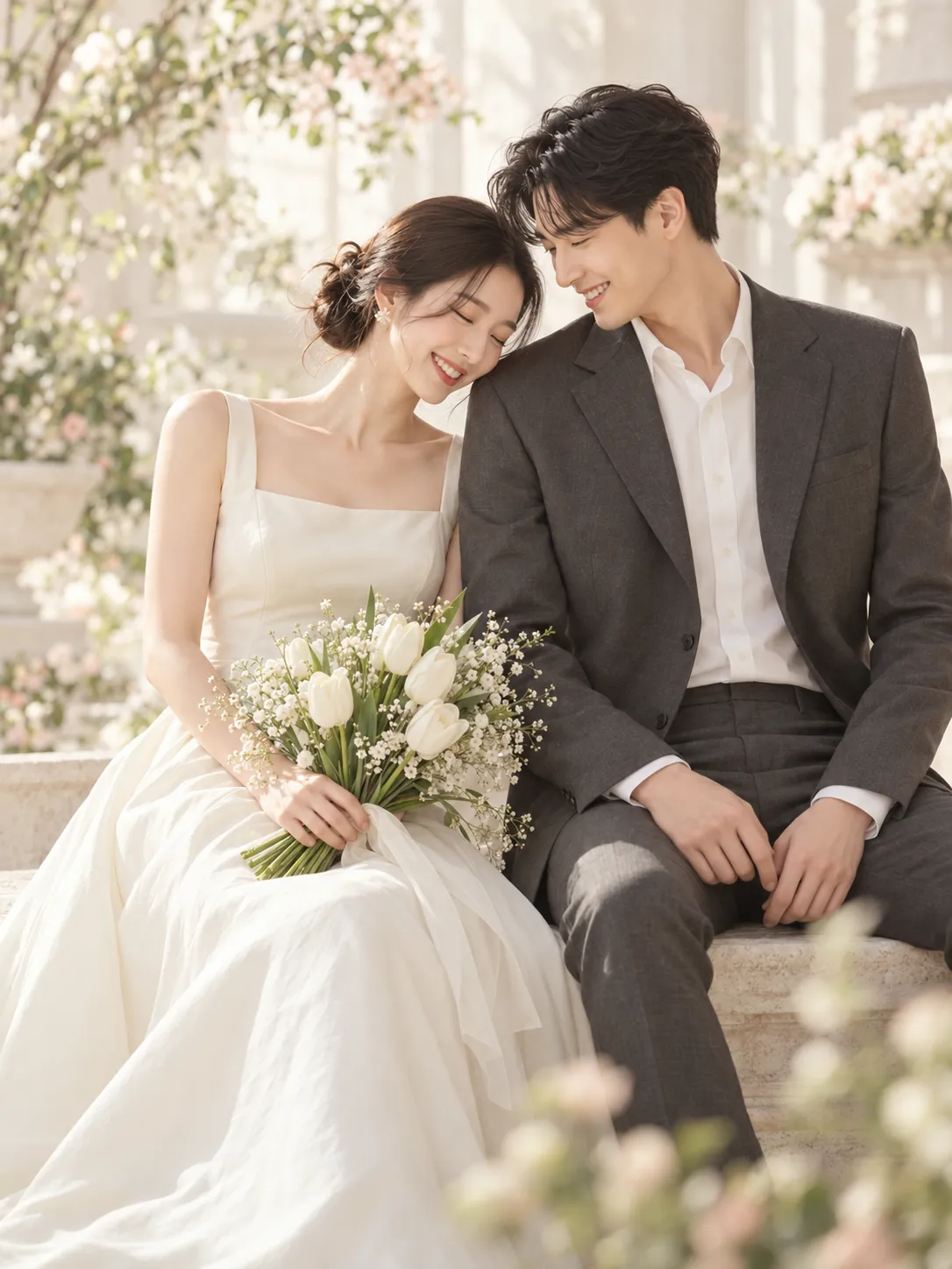 Momen romantis pasangan pengantin dengan buket tulip