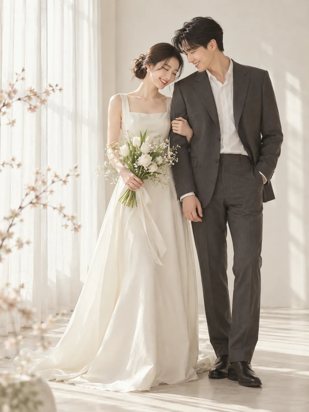 A couple sharing a quiet, romantic moment in a sunlit wedding studio